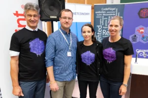 Four team members in Game Dev Days shirts, Game Dev Days Graz 2018