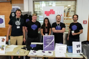 The volunteer team at the registration desk, Game Dev Days Graz 2018