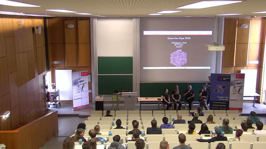 Panel in the lecture hall at Game Dev Days Graz 2026, from the TUbe recording