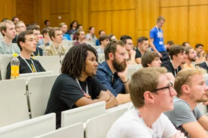 Attendees listening to a talk at Game Dev Days Graz 2016