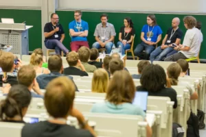 Panel discussion on stage at Game Dev Days Graz 2016